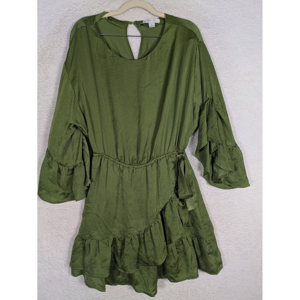 Favlux Fashion Mini Dress Women's L Olive Green Ruffle Bell Sleeve